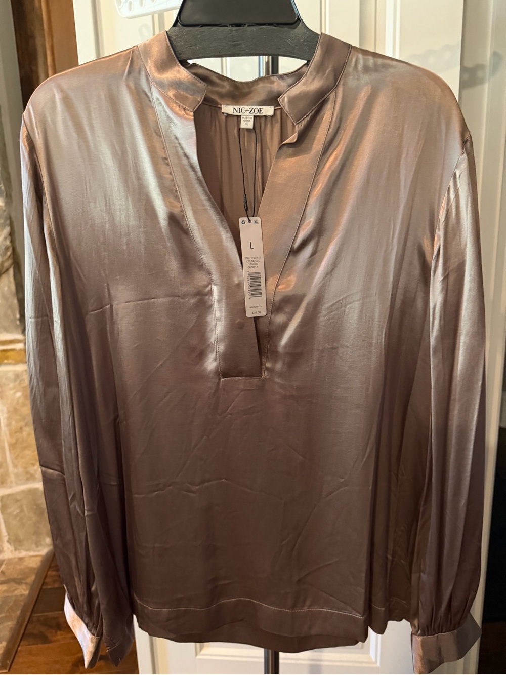 NIC+ZOE Metallic Taupe Sheen Split-Neck Blouse